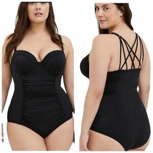 TORRID BLACK STRAPPY PUSH UP DEMI SWIMSUIT ONE PIECE SIZE 1X DD/DDD CUP #293